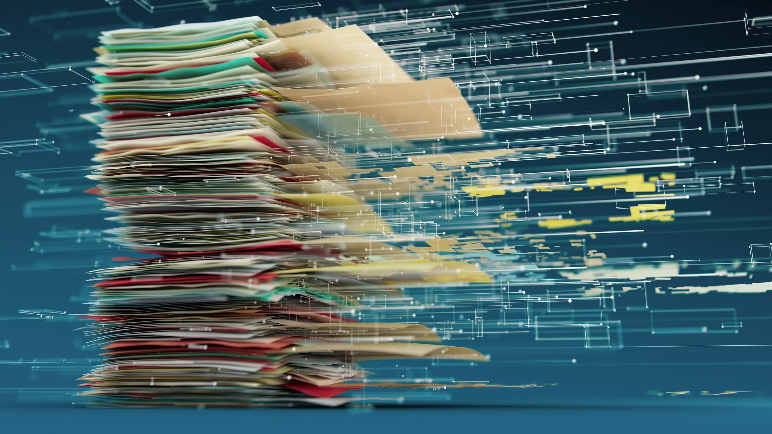Stacks of colorful paper products