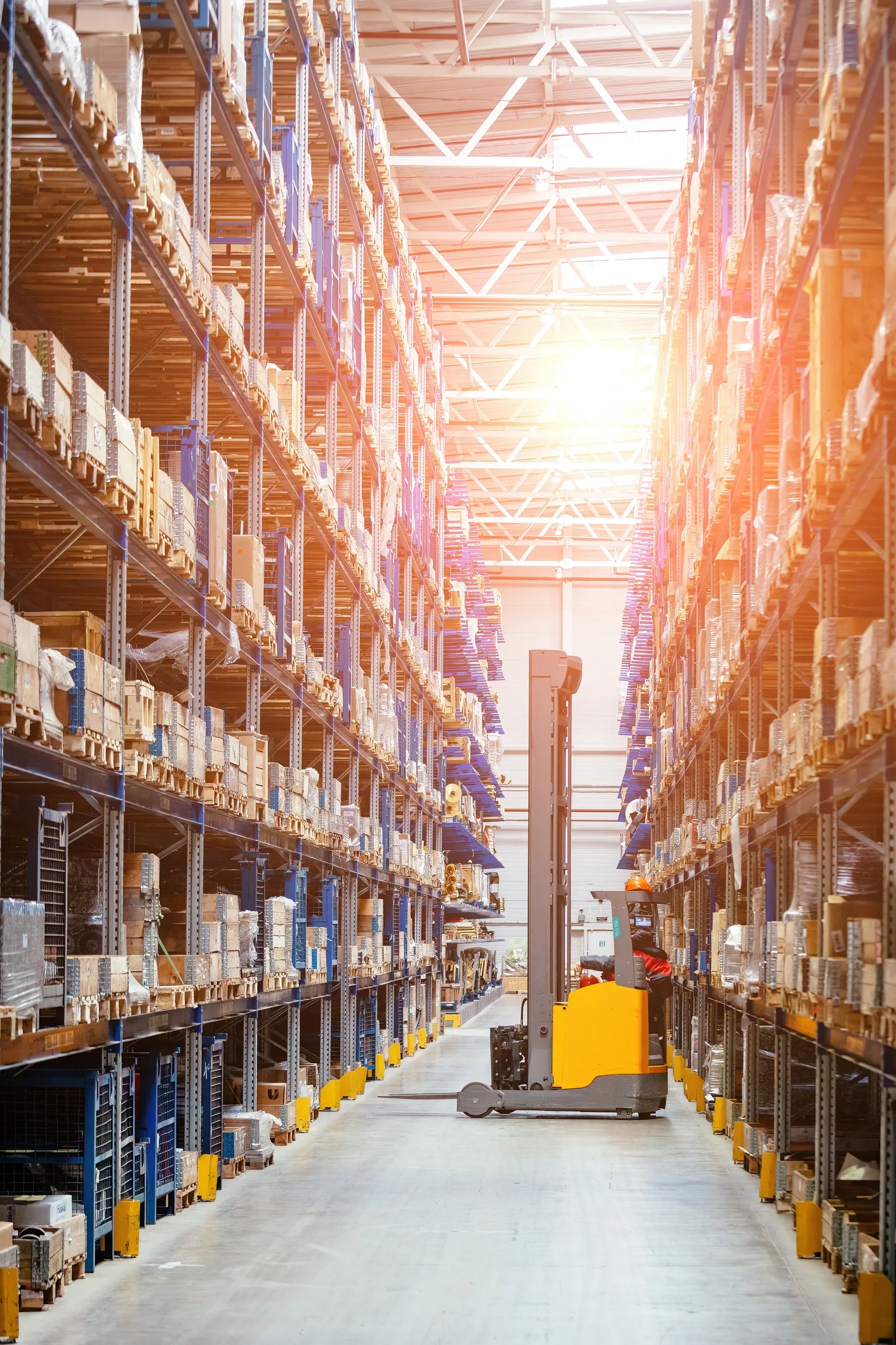 Warehouse aisle with shelving and forklift